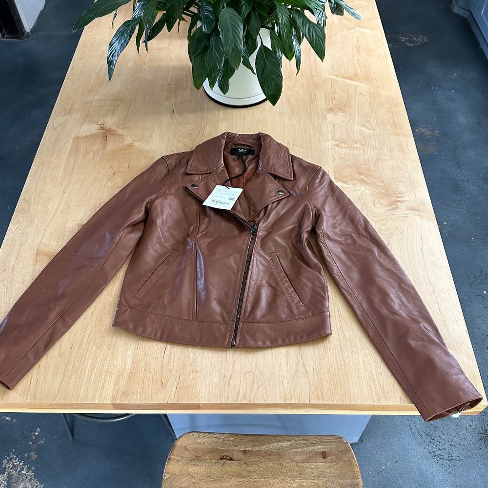 Women’s brown moto leather jacket (small)